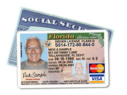 A florida driver 's license and social security card.